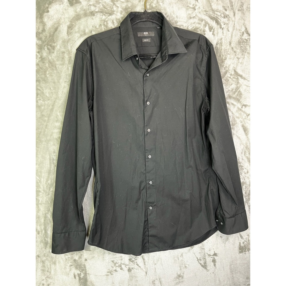 Uniqlo‎ Slim Fit Button Down Shirt Men M Black Cotton Long Sleeve Preppy Stretch